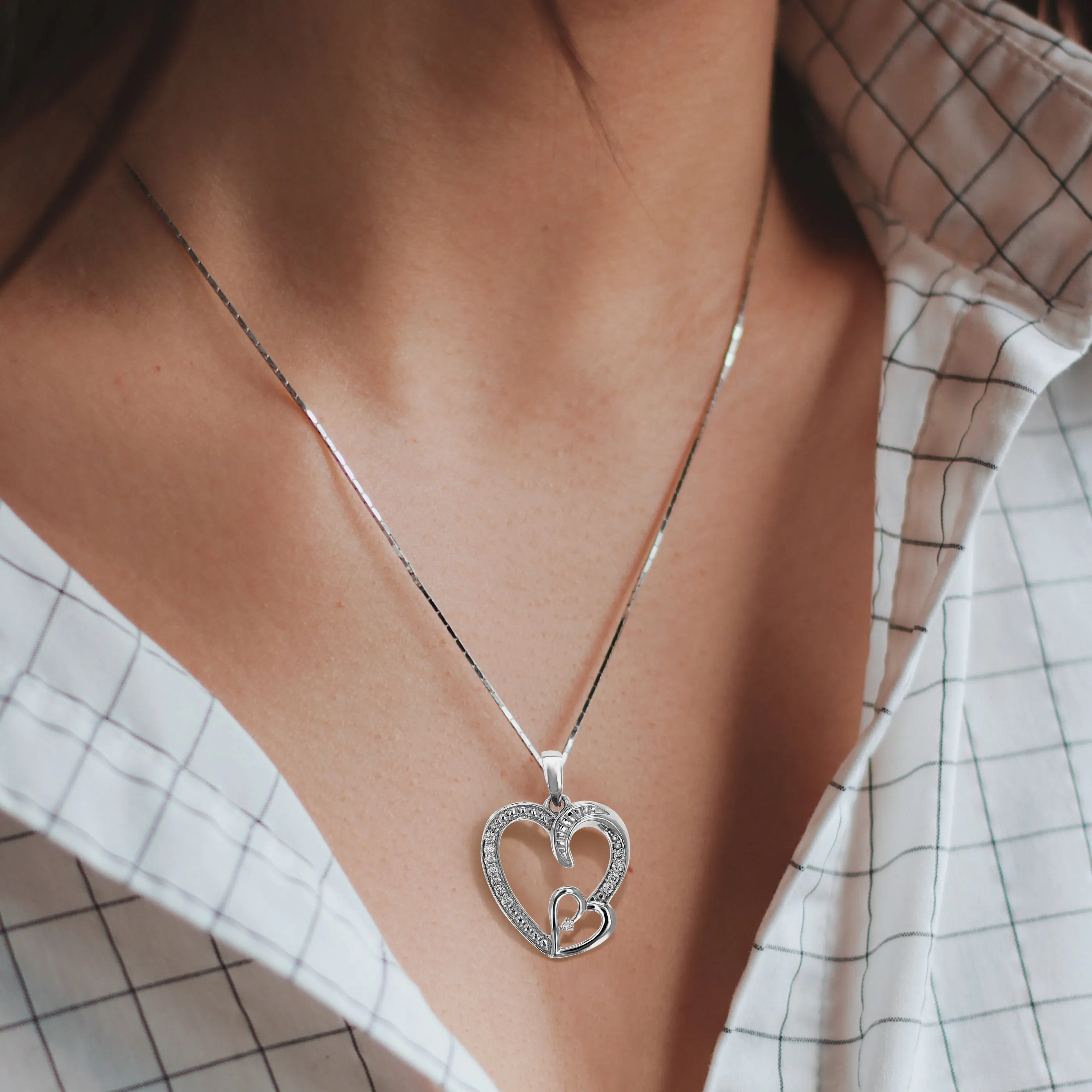 1/10 cttw Lab Grown Diamond Heart Pendant Necklace .925 Sterling Silver 2/3 Inch with 18 Inch Chain, Size 3/4 Inch