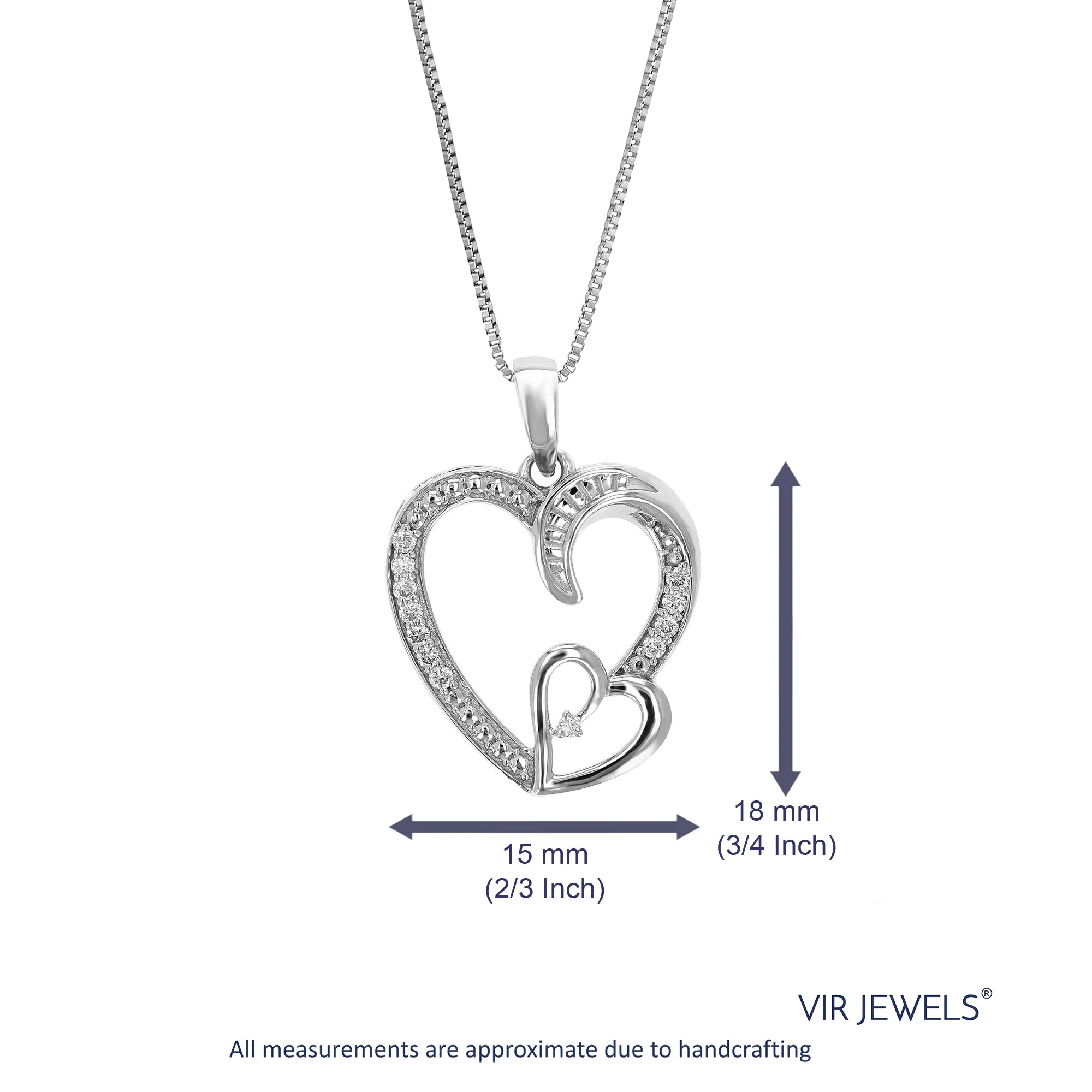 1/10 cttw Lab Grown Diamond Heart Pendant Necklace .925 Sterling Silver 2/3 Inch with 18 Inch Chain, Size 3/4 Inch