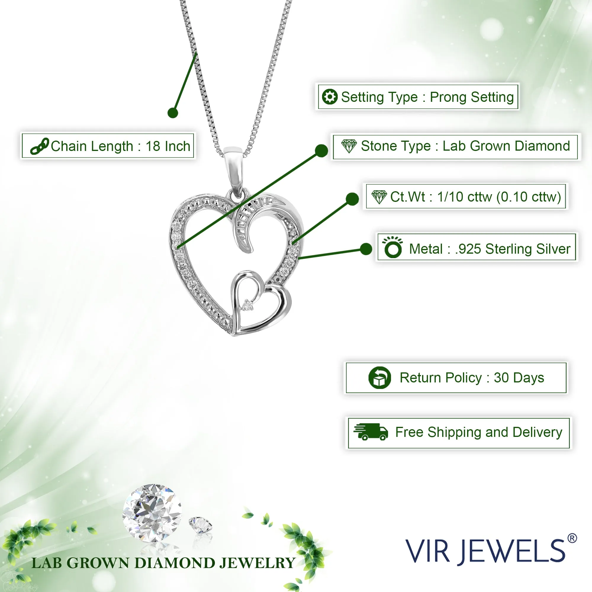 1/10 cttw Lab Grown Diamond Heart Pendant Necklace .925 Sterling Silver 2/3 Inch with 18 Inch Chain, Size 3/4 Inch