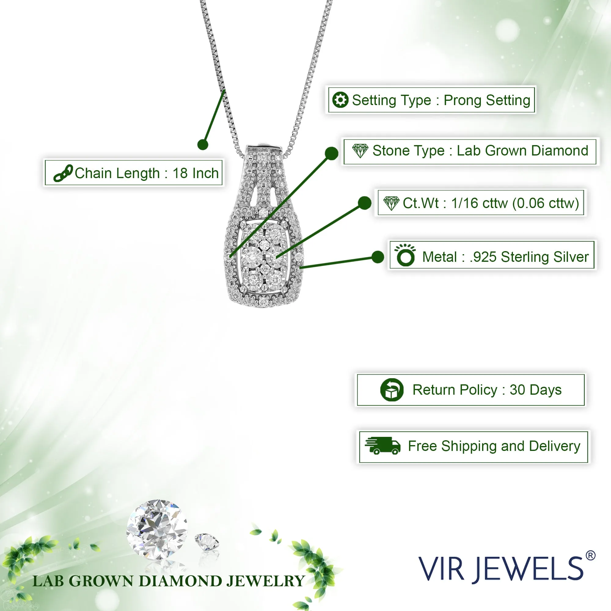 1/16 cttw Lab Grown Diamond Fashion Pendant Necklace .925 Sterling Silver 2/3 Inch with 18 Inch Chain, Size 2/3 Inch