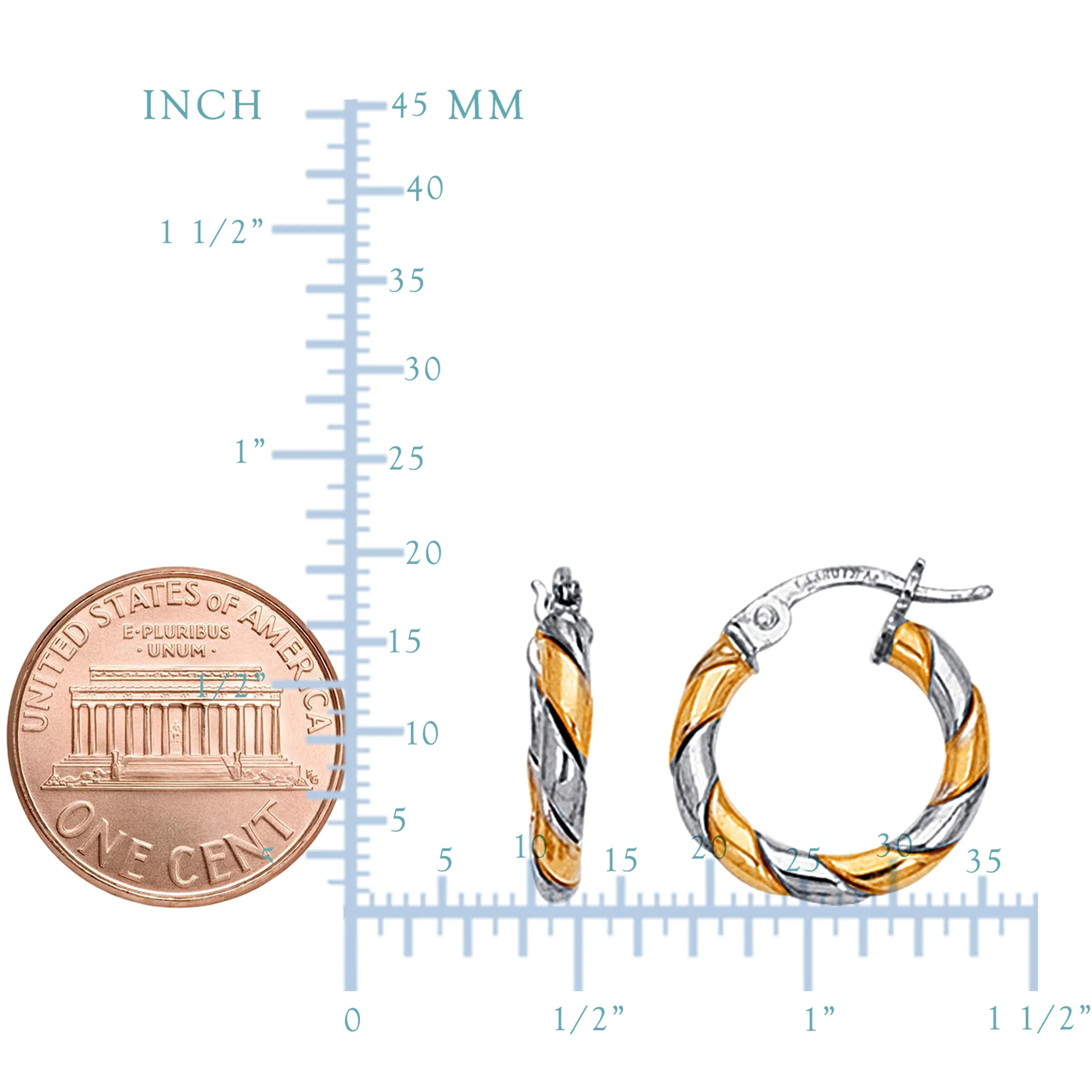 14K Yellow And White Gold Two Tone Small Twisted Hoop Earrings, Diameter 17mm
