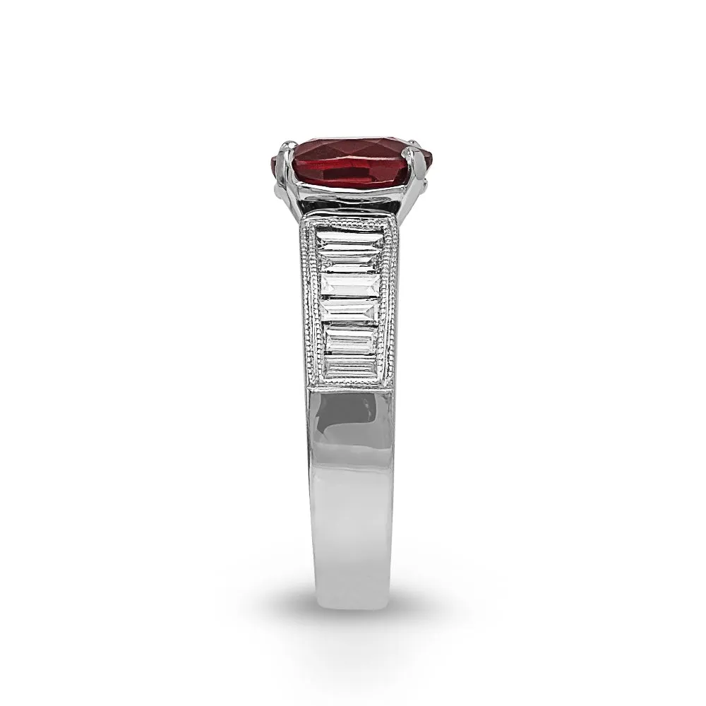 14Kt White Gold Ruby & Baguette Diamond Ring