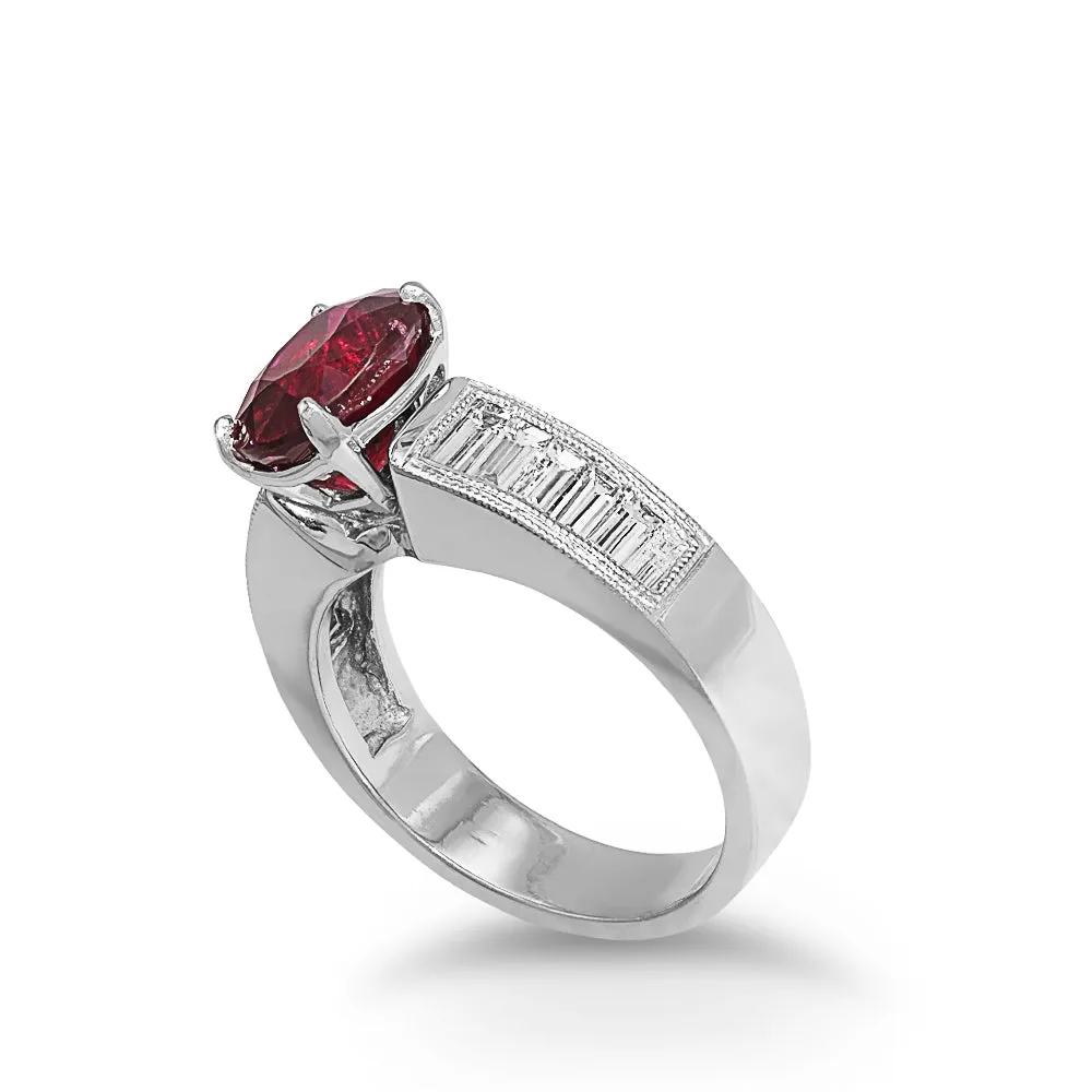 14Kt White Gold Ruby & Baguette Diamond Ring