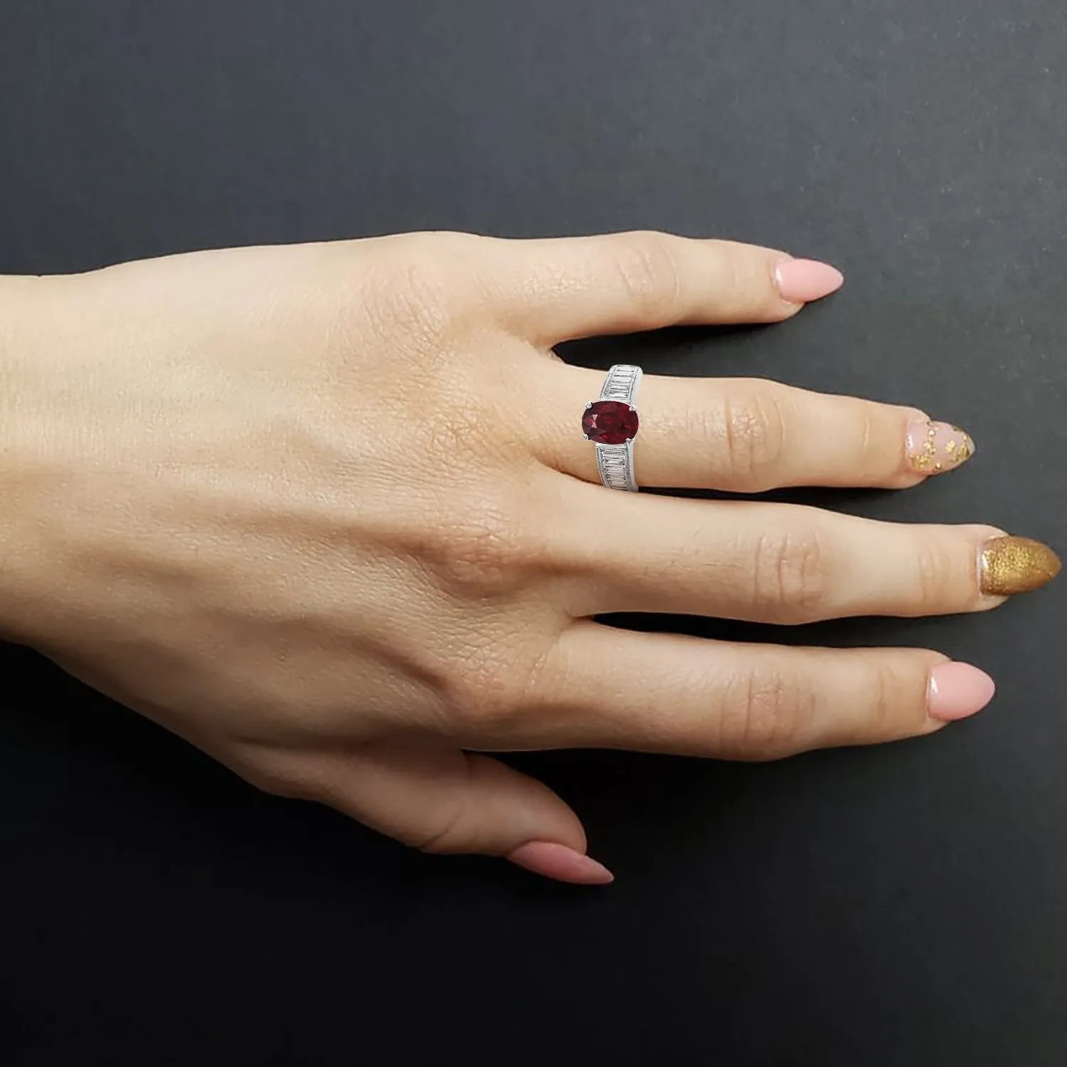 14Kt White Gold Ruby & Baguette Diamond Ring