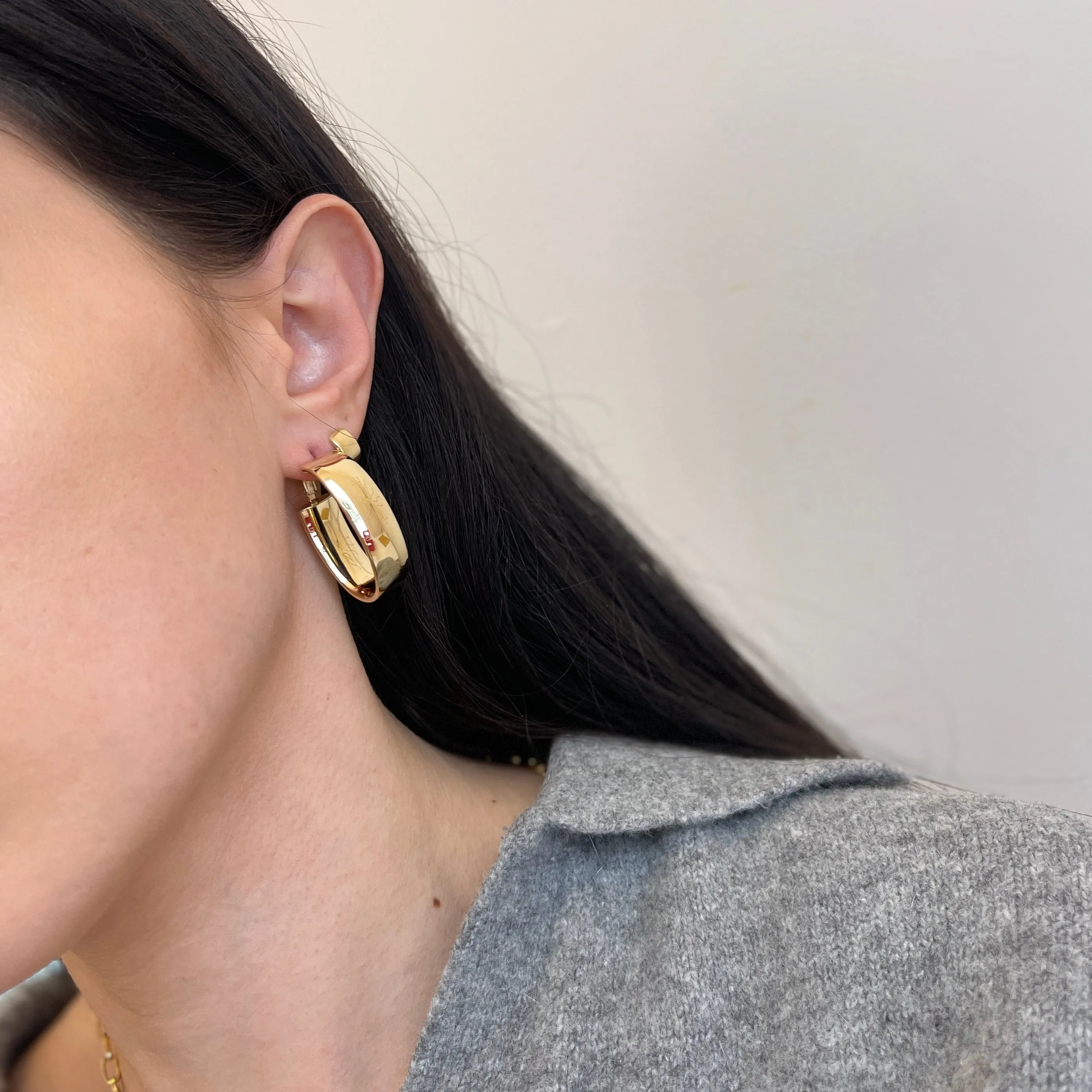 14KT Yellow Gold Thick Oval Omega Back Hoop Earrings 34mm