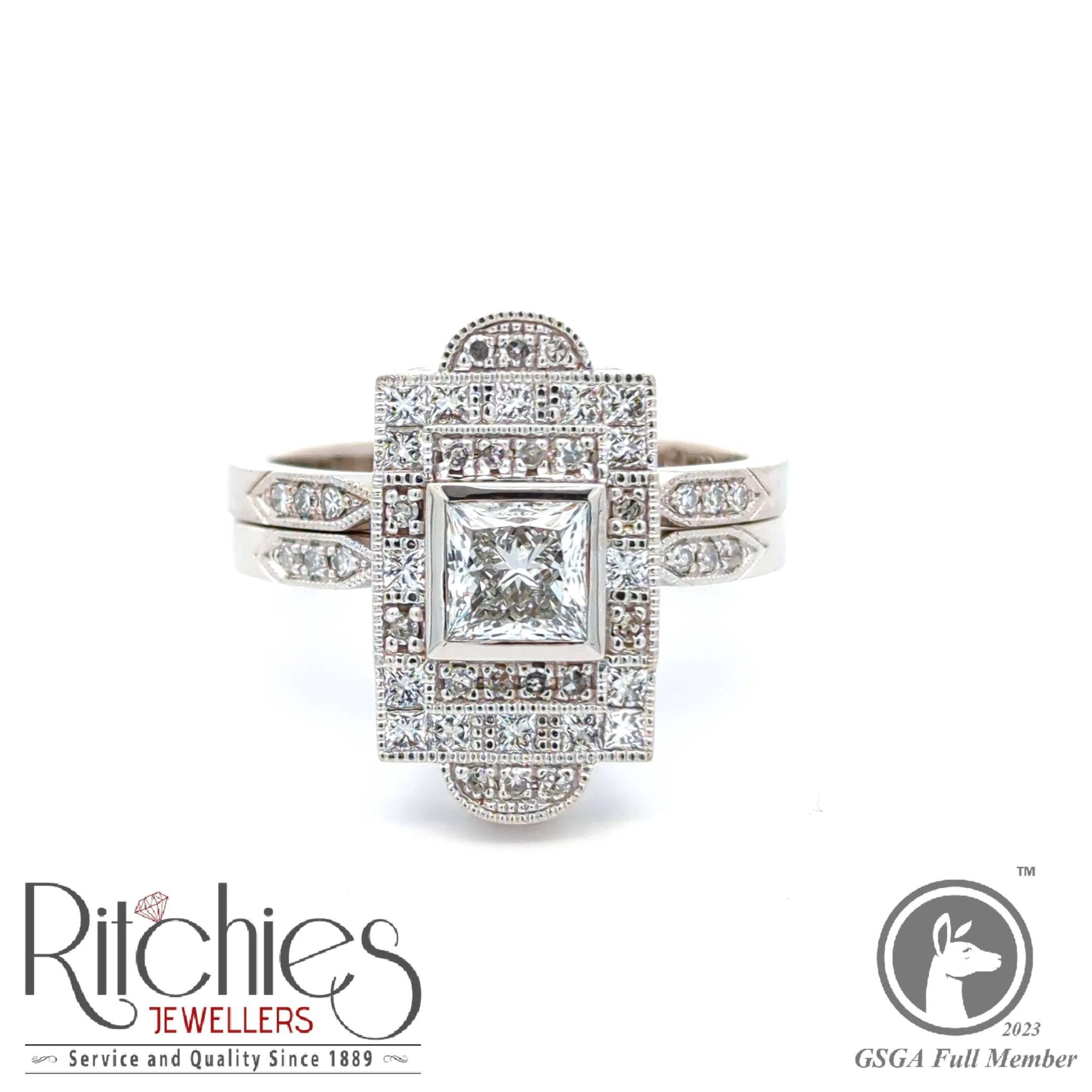 18ct Stunning White Gold Art Deco style Engagement and Wedding Ring Set
