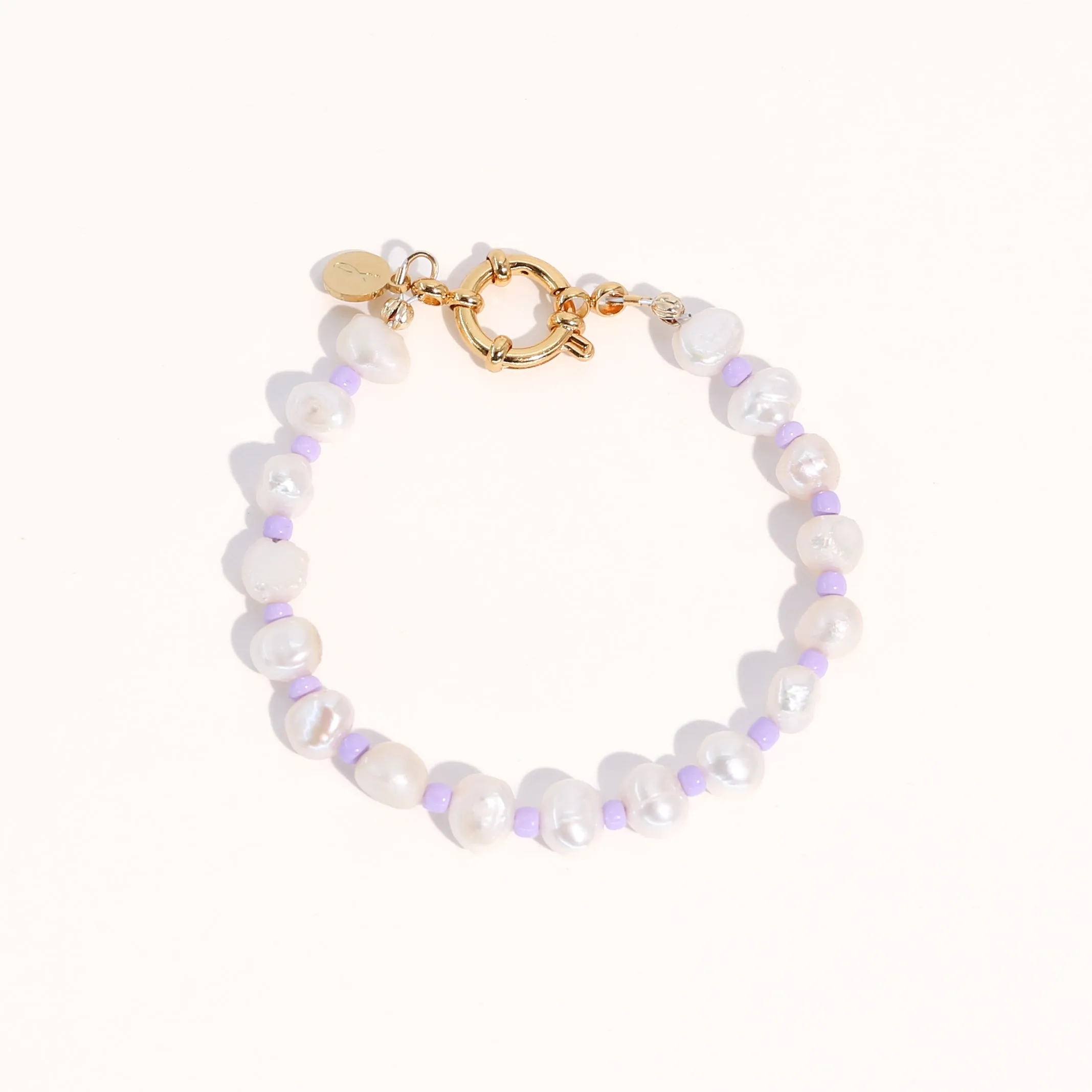 18K Gold Plated Freshwater Pearls with Purple Glass Beads - Taro Bracelet 10"