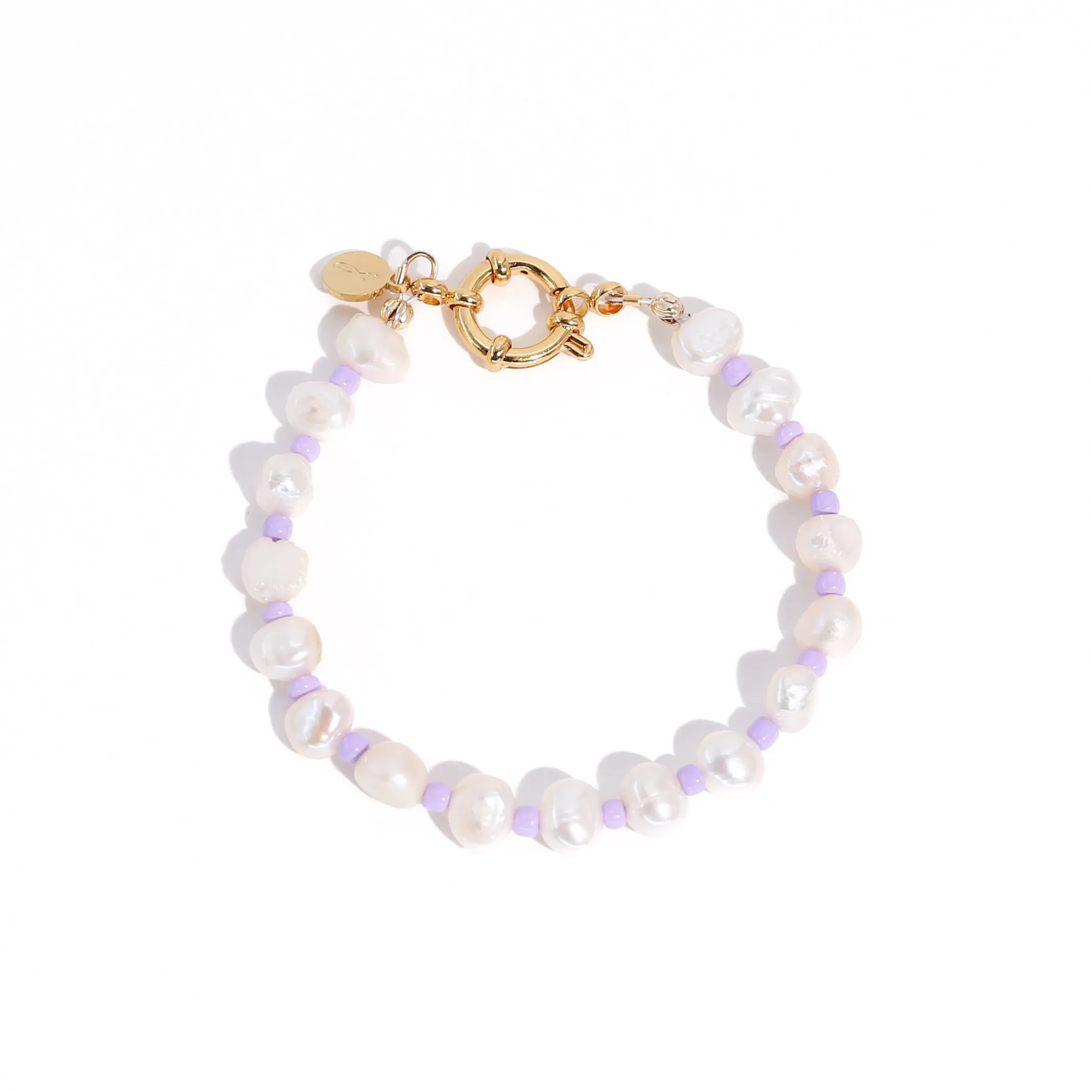 18K Gold Plated Freshwater Pearls with Purple Glass Beads - Taro Bracelet 10"