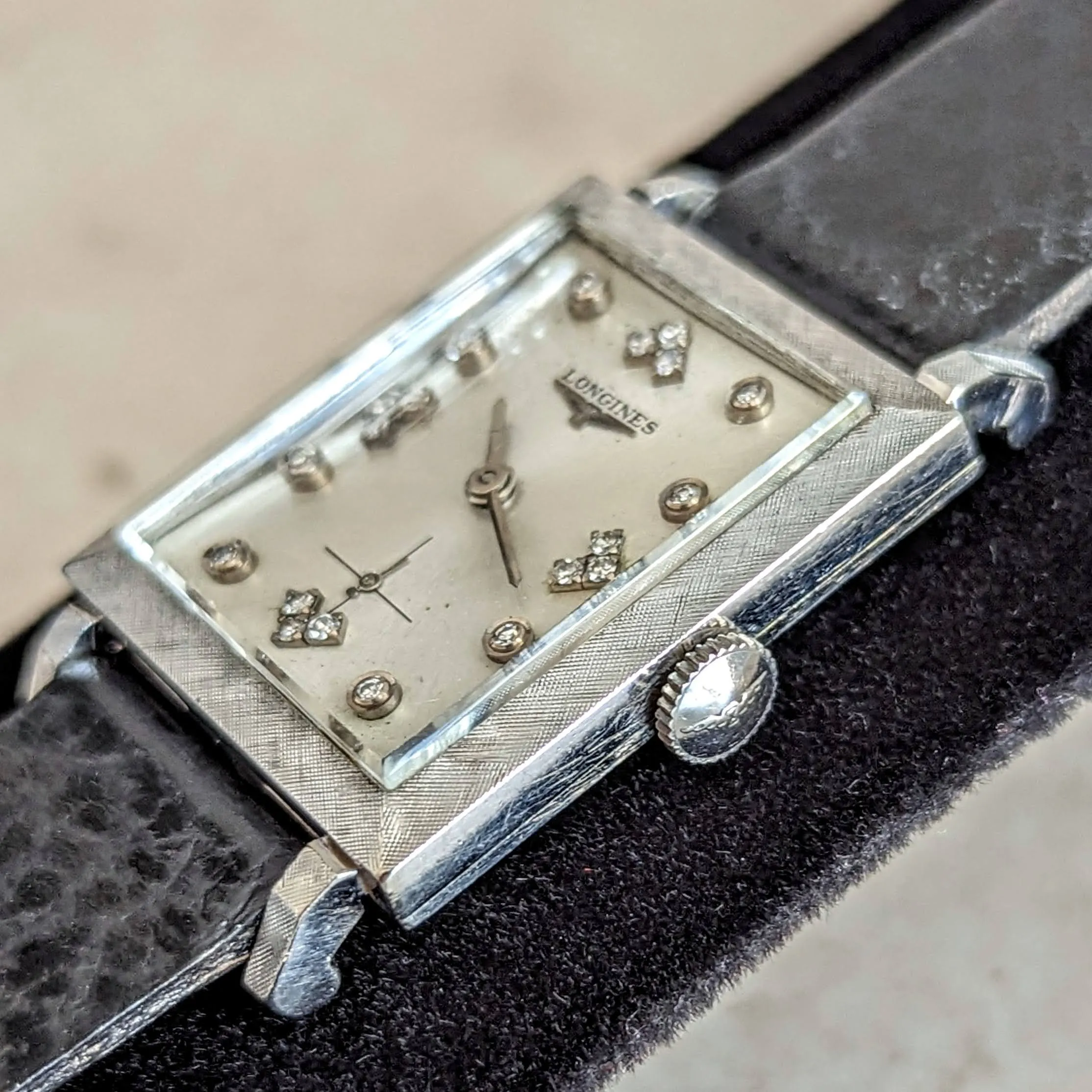 1960 LONGINES Wristwatch 14K White Gold - Diamond Dial 17 Jewels Cal. 370 Watch