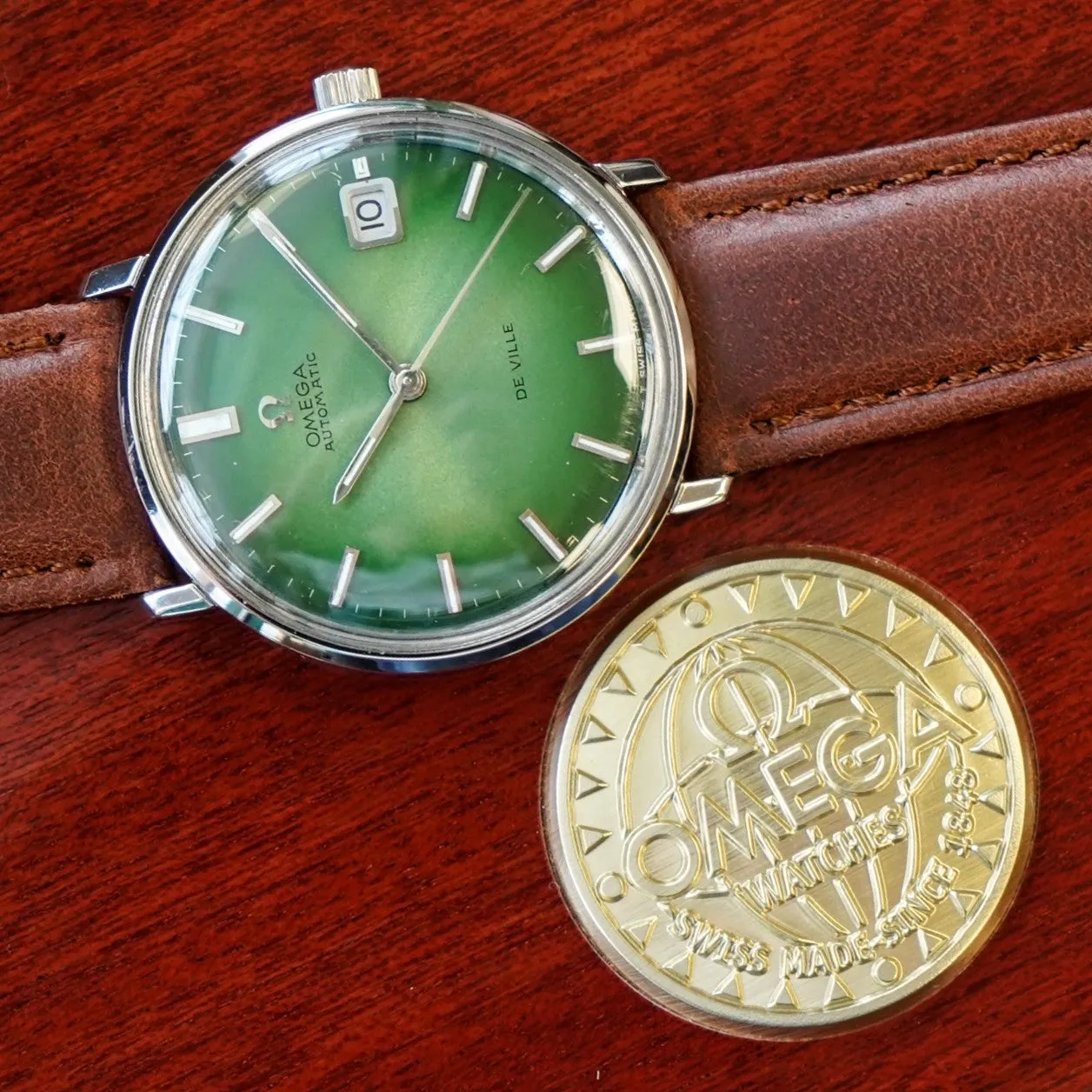 1968 OMEGA De Ville Automatic Watch Ref. 166.0033 Cal. 565 Green Dial Wristwatch - In Box!