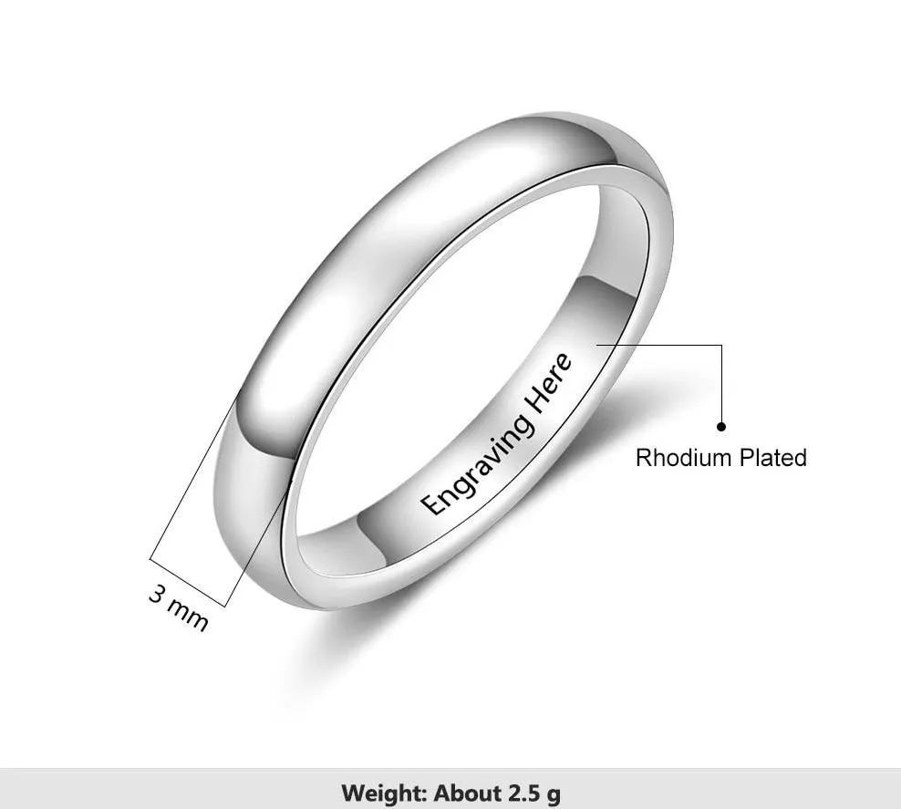 3mm Classic Personalized Silver Womens Ring