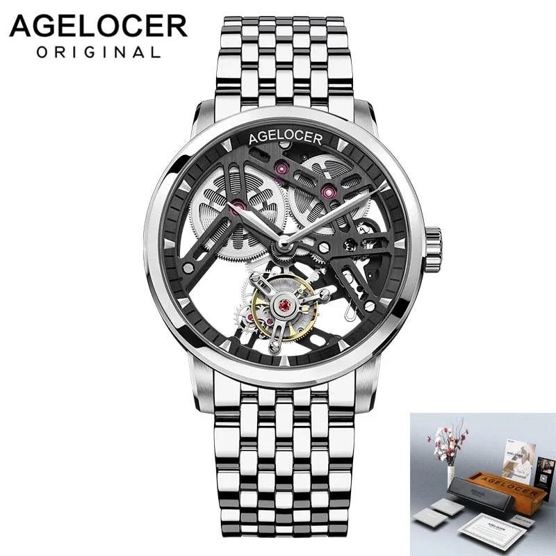 AGELOCER Men&#39;s Luxury Tourbillon Skeleton Mechanical Movement Watches Sapphire Wristwatch For Men steel montre bracelet homme