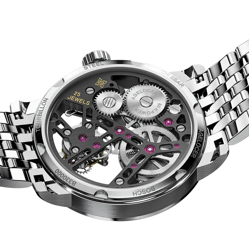 AGELOCER Men&#39;s Luxury Tourbillon Skeleton Mechanical Movement Watches Sapphire Wristwatch For Men steel montre bracelet homme