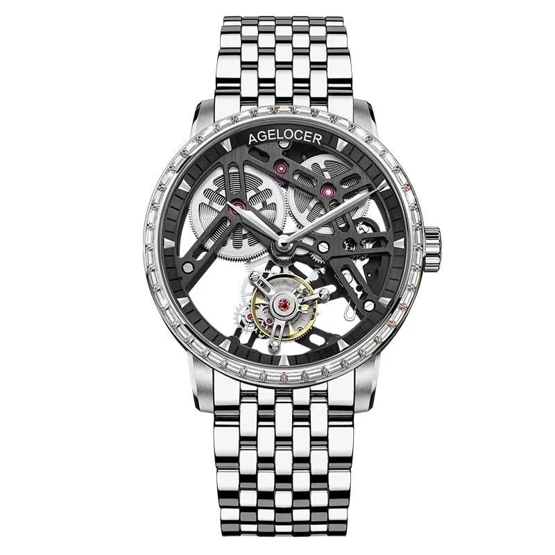 AGELOCER Men&#39;s Luxury Tourbillon Skeleton Mechanical Movement Watches Sapphire Wristwatch For Men steel montre bracelet homme