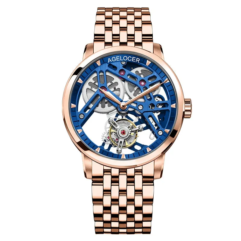 AGELOCER Men&#39;s Luxury Tourbillon Skeleton Mechanical Movement Watches Sapphire Wristwatch For Men steel montre bracelet homme