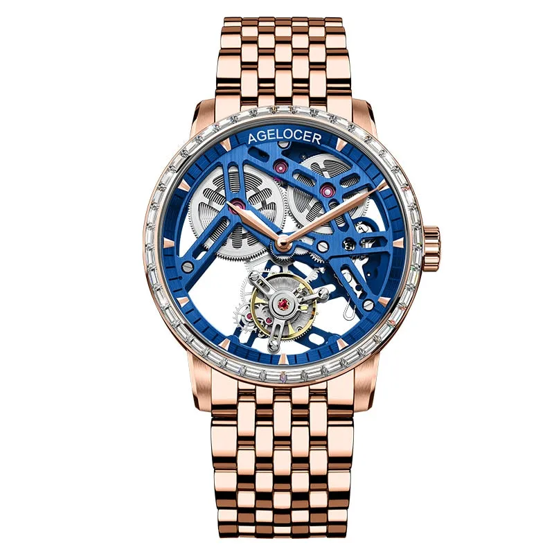 AGELOCER Men&#39;s Luxury Tourbillon Skeleton Mechanical Movement Watches Sapphire Wristwatch For Men steel montre bracelet homme