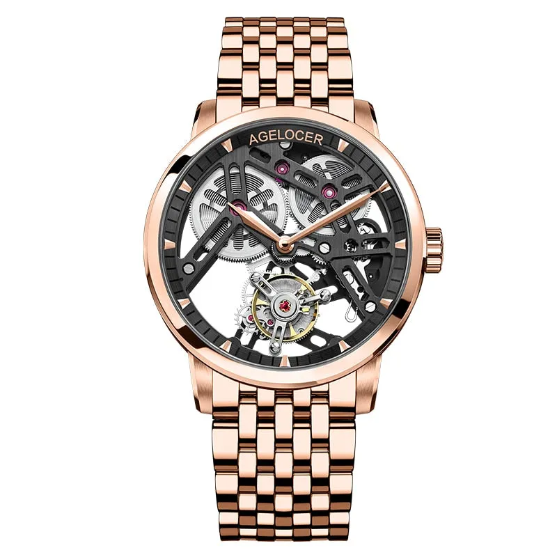 AGELOCER Men&#39;s Luxury Tourbillon Skeleton Mechanical Movement Watches Sapphire Wristwatch For Men steel montre bracelet homme