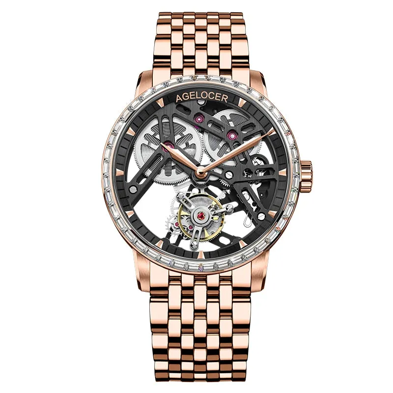 AGELOCER Men&#39;s Luxury Tourbillon Skeleton Mechanical Movement Watches Sapphire Wristwatch For Men steel montre bracelet homme