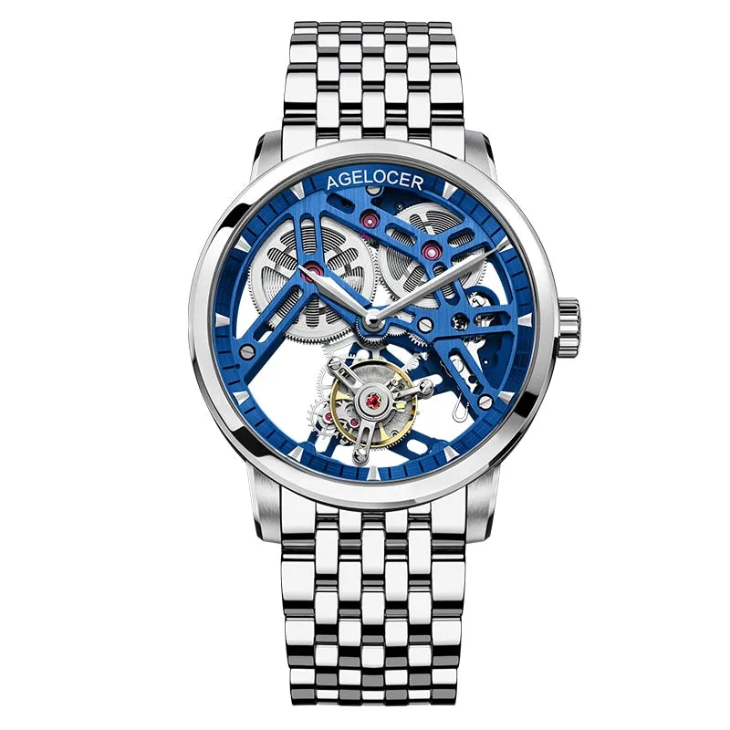 AGELOCER Men&#39;s Luxury Tourbillon Skeleton Mechanical Movement Watches Sapphire Wristwatch For Men steel montre bracelet homme