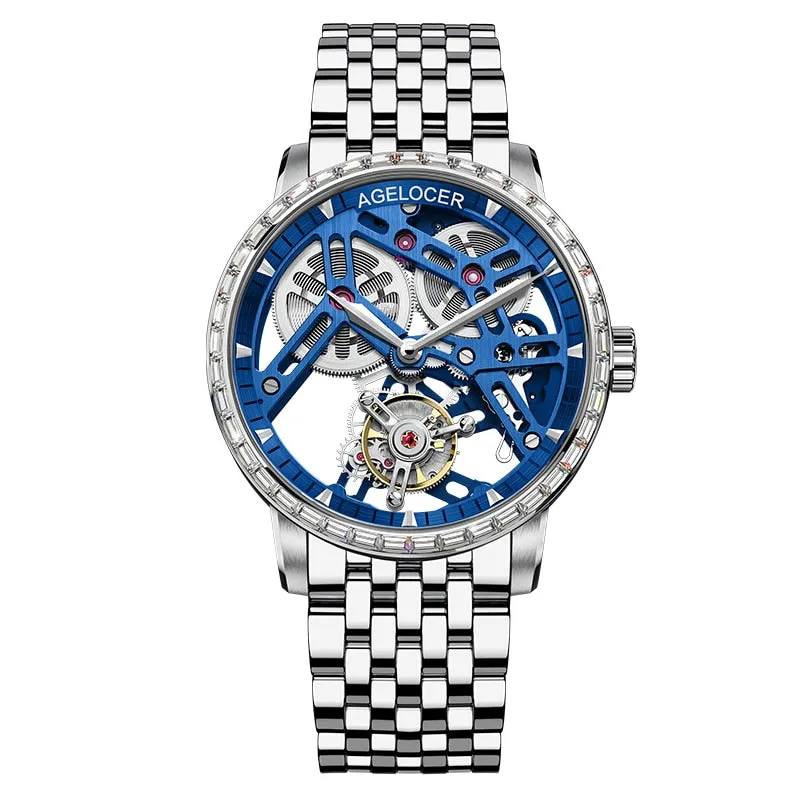 AGELOCER Men&#39;s Luxury Tourbillon Skeleton Mechanical Movement Watches Sapphire Wristwatch For Men steel montre bracelet homme