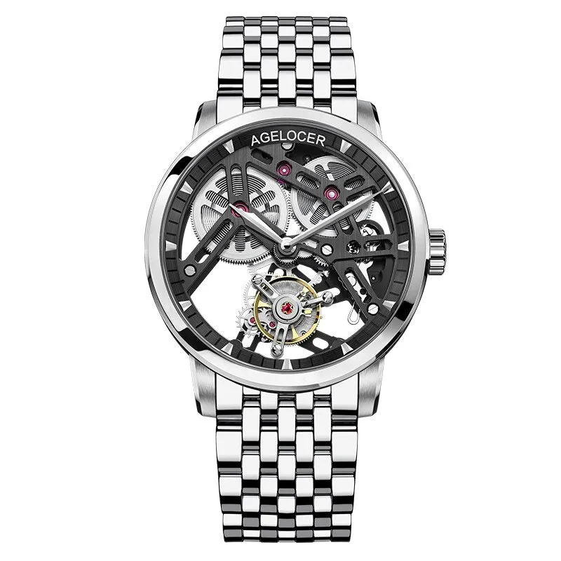 AGELOCER Men&#39;s Luxury Tourbillon Skeleton Mechanical Movement Watches Sapphire Wristwatch For Men steel montre bracelet homme