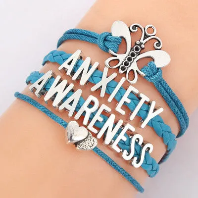 Anxiety Awareness Letters Bracelet Teal Leather Braid Heart Butterfly Bracelets Bangle For Women Weave Jewelry 8905