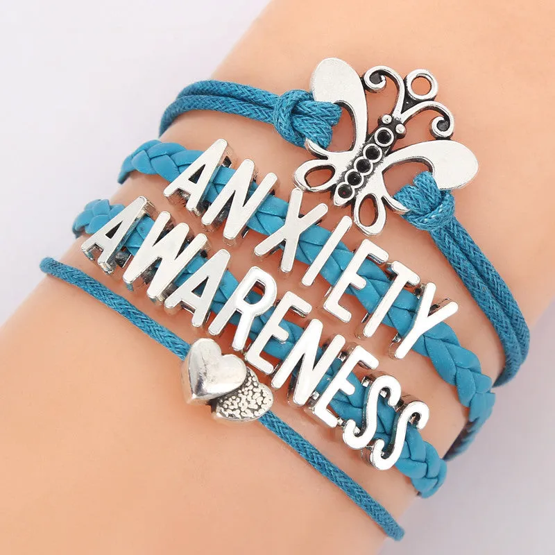 Anxiety Awareness Letters Bracelet Teal Leather Braid Heart Butterfly Bracelets Bangle For Women Weave Jewelry 8905