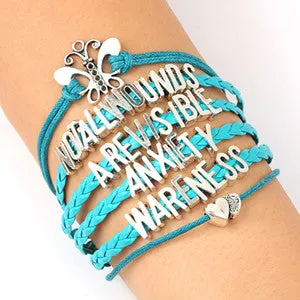 Anxiety Awareness Letters Bracelet Teal Leather Braid Heart Butterfly Bracelets Bangle For Women Weave Jewelry 8905