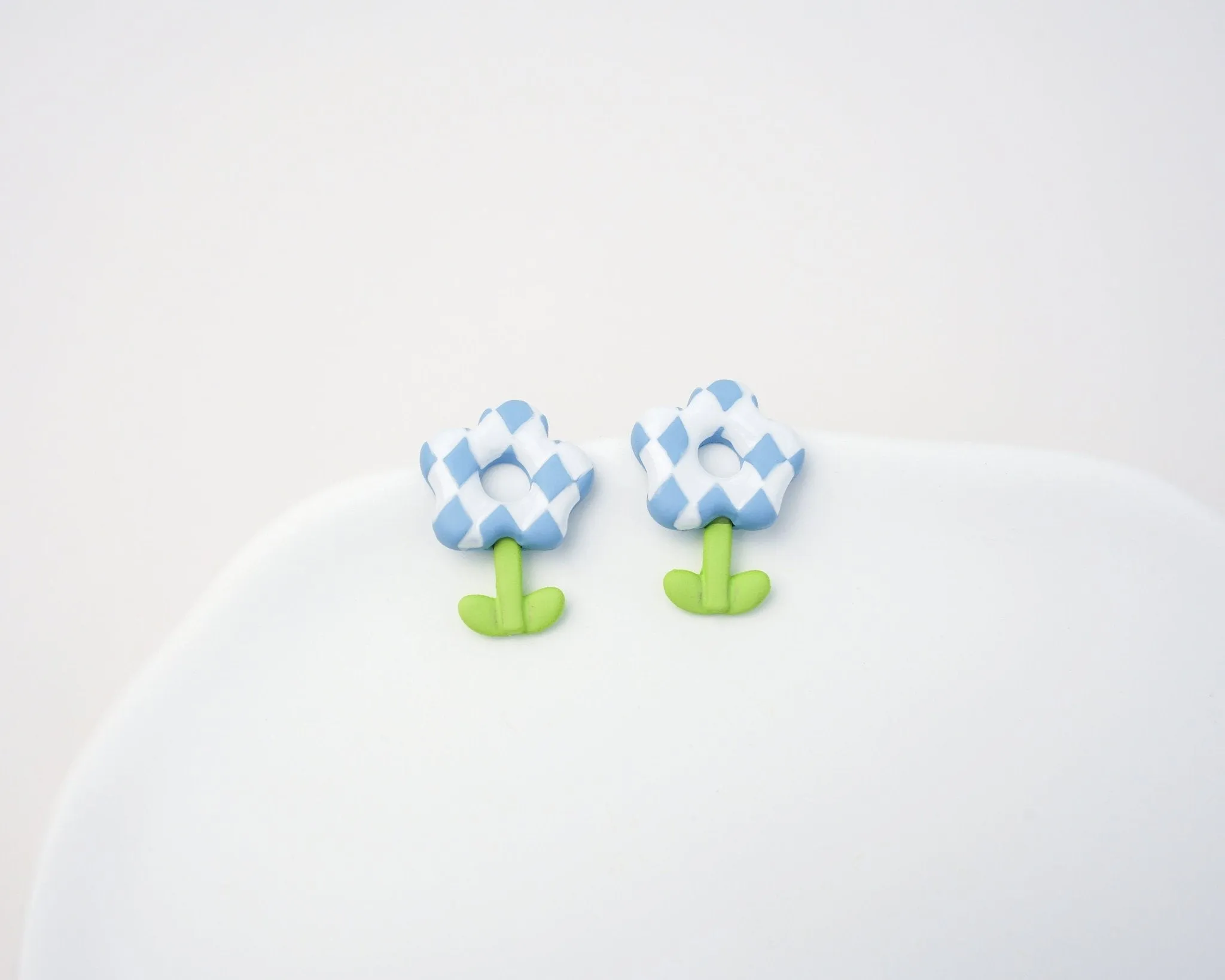 Blue Checkerboard Flower Stud Earrings