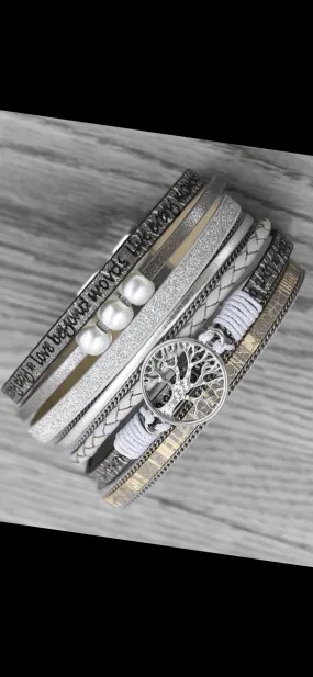 Bracelets { Laugh everyday • Love beyond words • Live every moment } • Tree of life • Glitter • Magnetic closure • 7 1/2 inches • Leather • Wrap