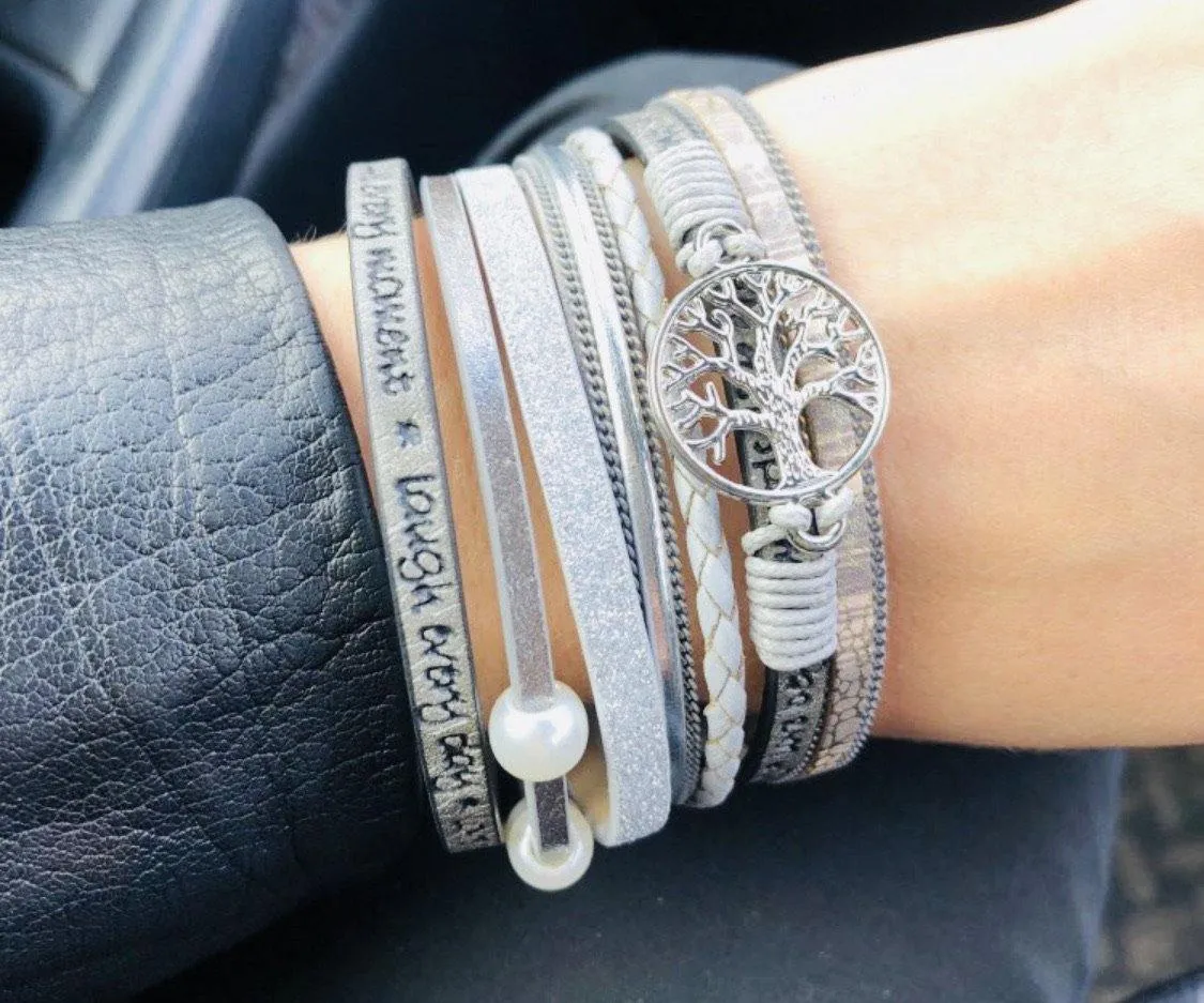 Bracelets { Laugh everyday • Love beyond words • Live every moment } • Tree of life • Glitter • Magnetic closure • 7 1/2 inches • Leather • Wrap