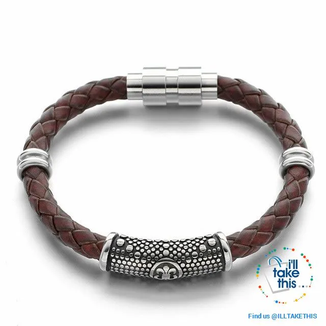 Braided Leather Bracelet with Stainless Steel Iris Flower/Fleur De Lis, 2 x Charms   Magnetic Clasp