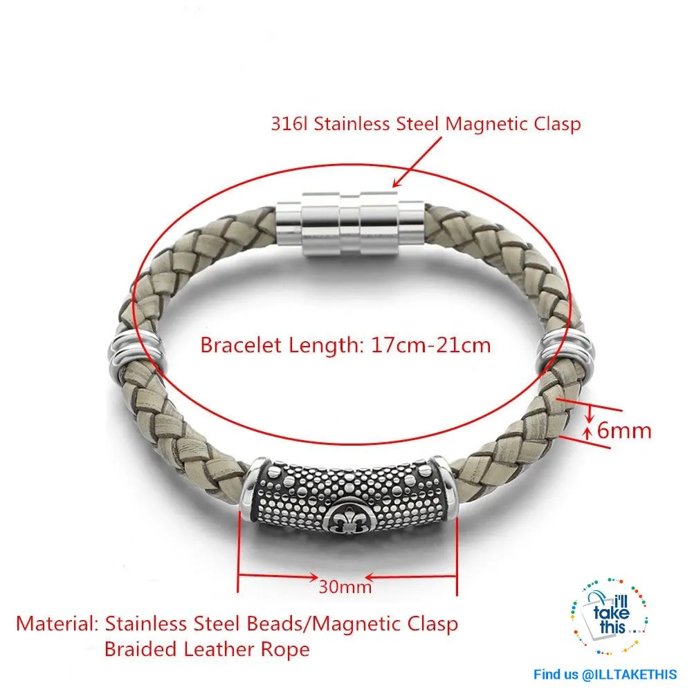Braided Leather Bracelet with Stainless Steel Iris Flower/Fleur De Lis, 2 x Charms   Magnetic Clasp