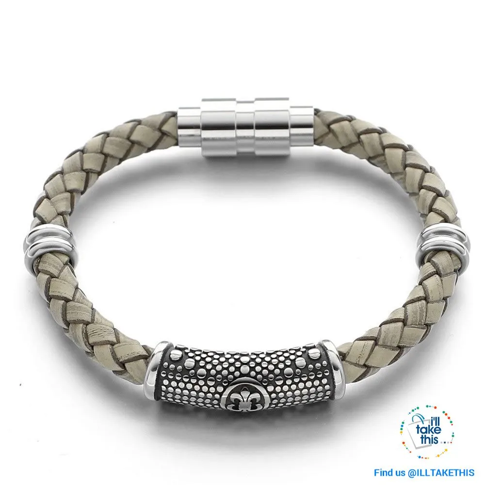 Braided Leather Bracelet with Stainless Steel Iris Flower/Fleur De Lis, 2 x Charms   Magnetic Clasp