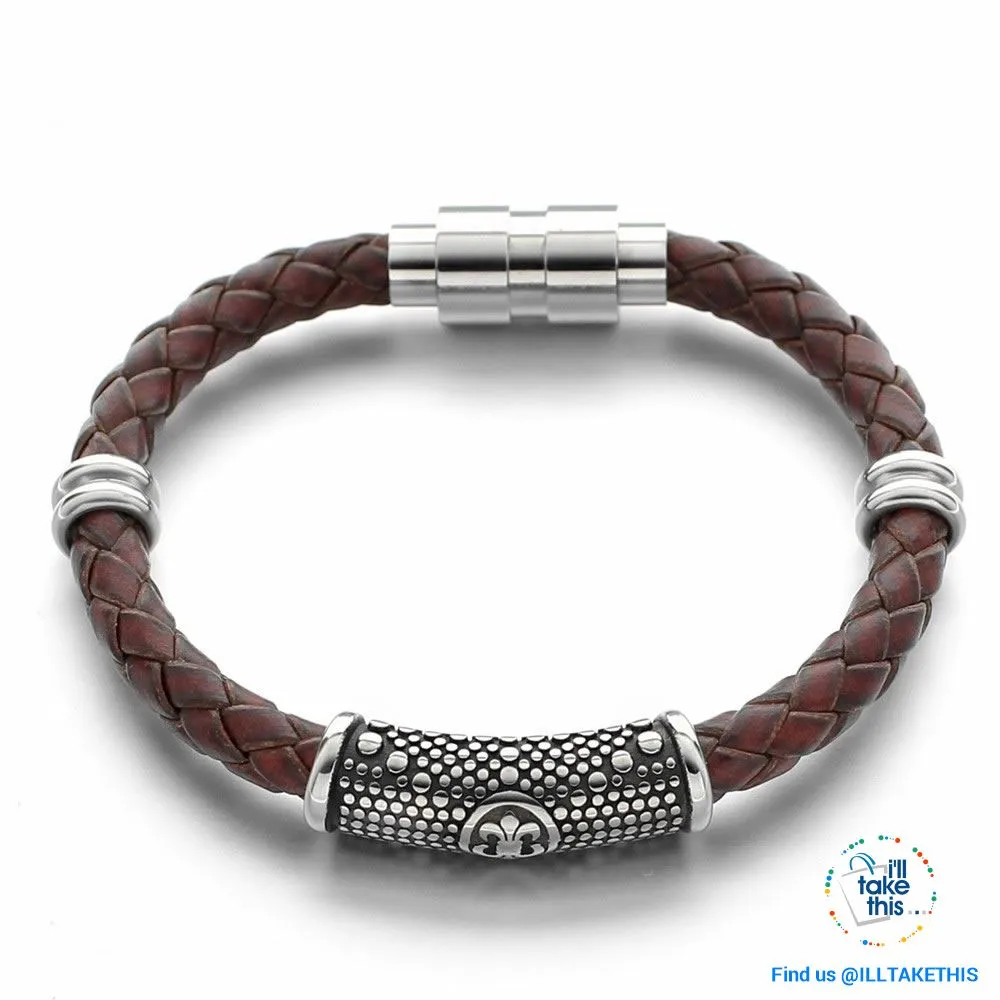 Braided Leather Bracelet with Stainless Steel Iris Flower/Fleur De Lis, 2 x Charms   Magnetic Clasp