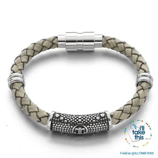 Braided Leather Bracelet with Stainless Steel Iris Flower/Fleur De Lis, 2 x Charms   Magnetic Clasp