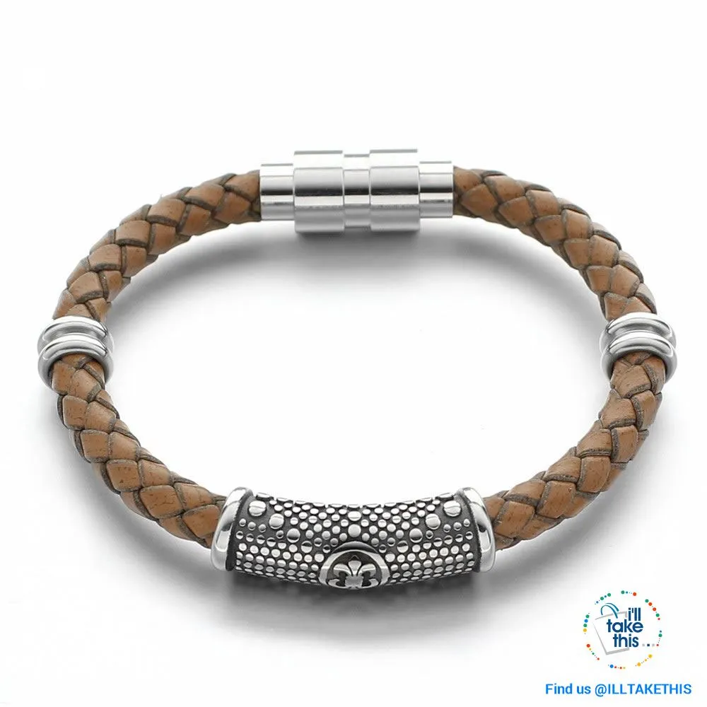 Braided Leather Bracelet with Stainless Steel Iris Flower/Fleur De Lis, 2 x Charms   Magnetic Clasp