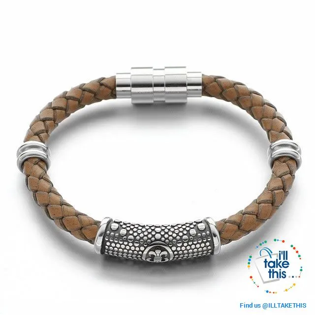 Braided Leather Bracelet with Stainless Steel Iris Flower/Fleur De Lis, 2 x Charms   Magnetic Clasp