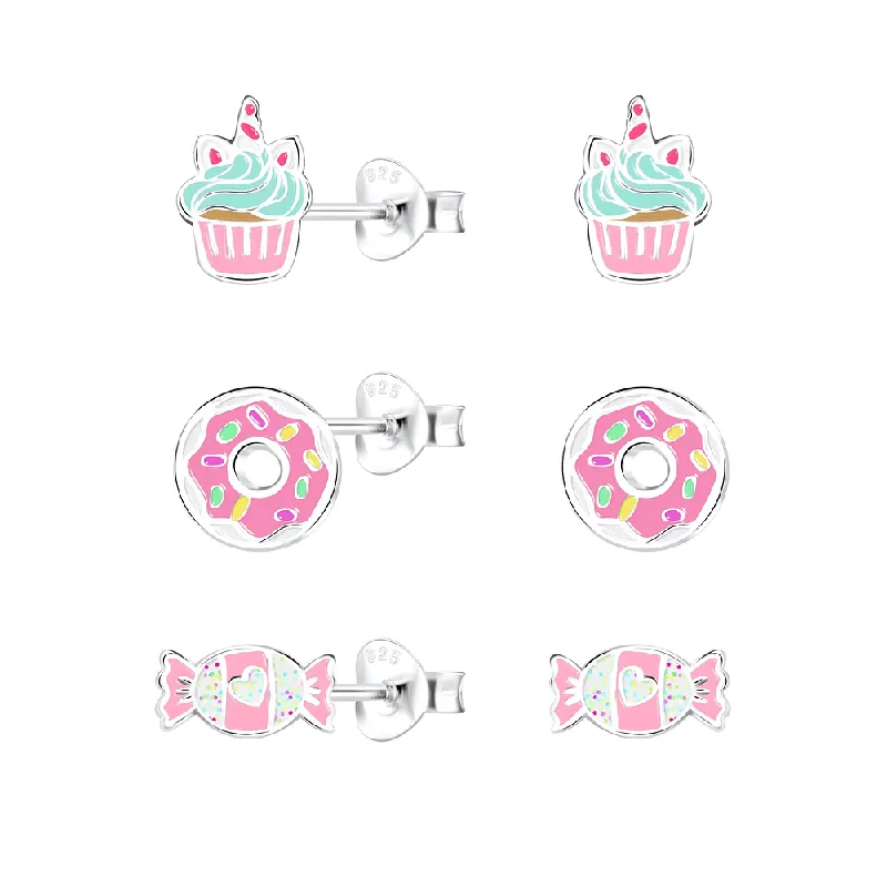Children's Sterling Silver Set of 3 Pairs of 'Sweet Treats' Themed Stud Earrings