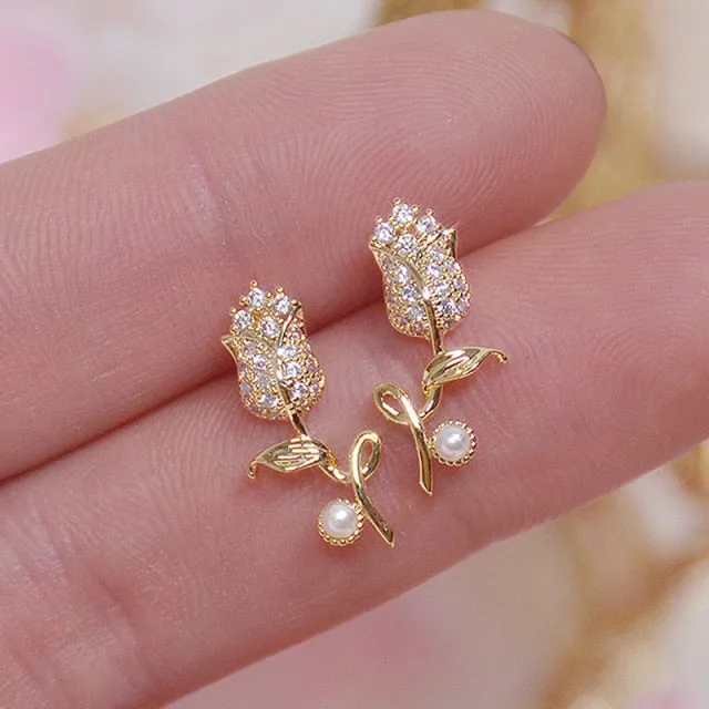 Cute Flower Crystal Temperament Geometric Shiny Zircon Earrings