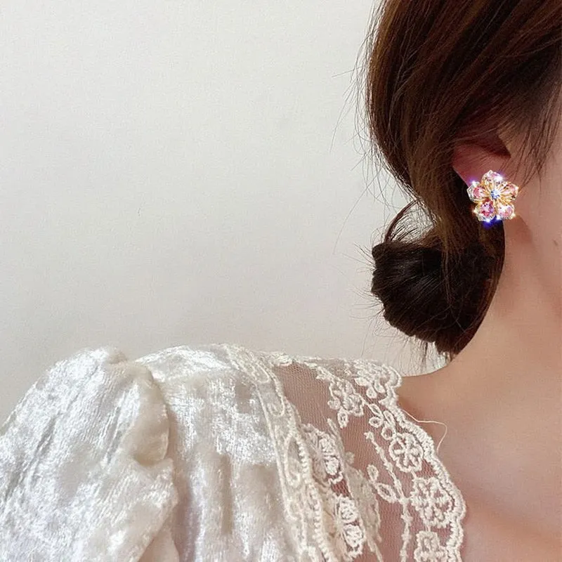 Cute Flower Crystal Temperament Geometric Shiny Zircon Earrings