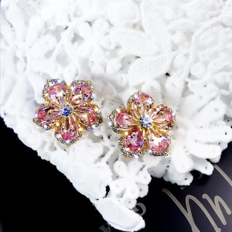 Cute Flower Crystal Temperament Geometric Shiny Zircon Earrings