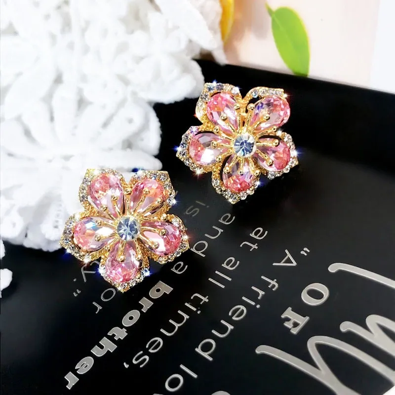 Cute Flower Crystal Temperament Geometric Shiny Zircon Earrings