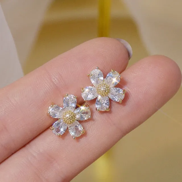 Cute Flower Crystal Temperament Geometric Shiny Zircon Earrings
