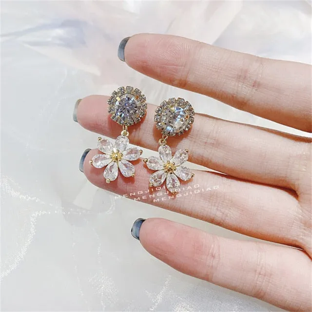 Cute Flower Crystal Temperament Geometric Shiny Zircon Earrings