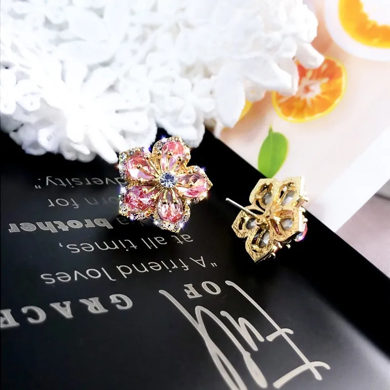Cute Flower Crystal Temperament Geometric Shiny Zircon Earrings