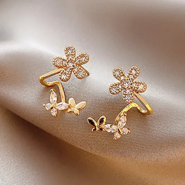 Cute Flower Crystal Temperament Geometric Shiny Zircon Earrings