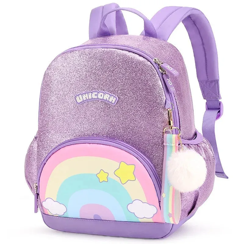 Cute Unicorn Rainbow Purple Shining Backpack for School Kids