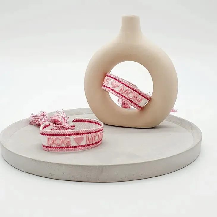 Dog Mom Woven Bracelet- White and Pink