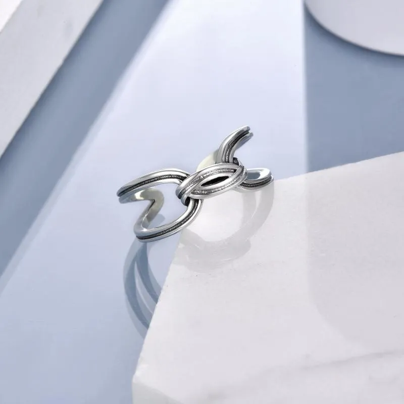 Elegant looking Sterling Silver Spliced Oxidized Opening Ring For Woman